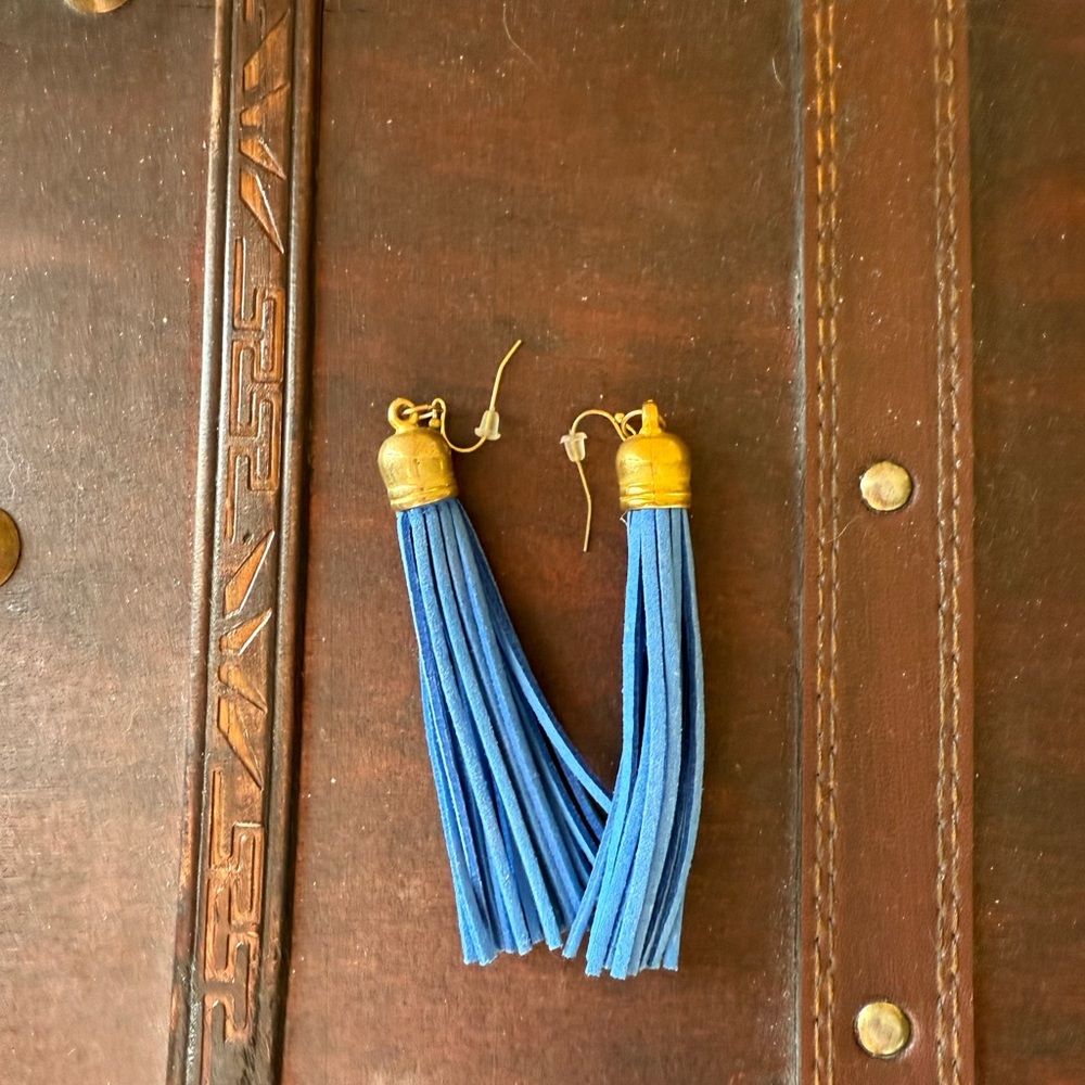 Vibrant Blue Tassel Earrings with Gold Accents